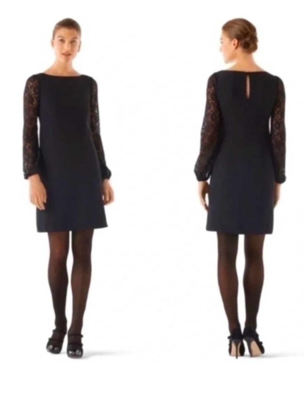 White House Black Market Black Lace-Sleeve Long-Sleeve Shift Dress